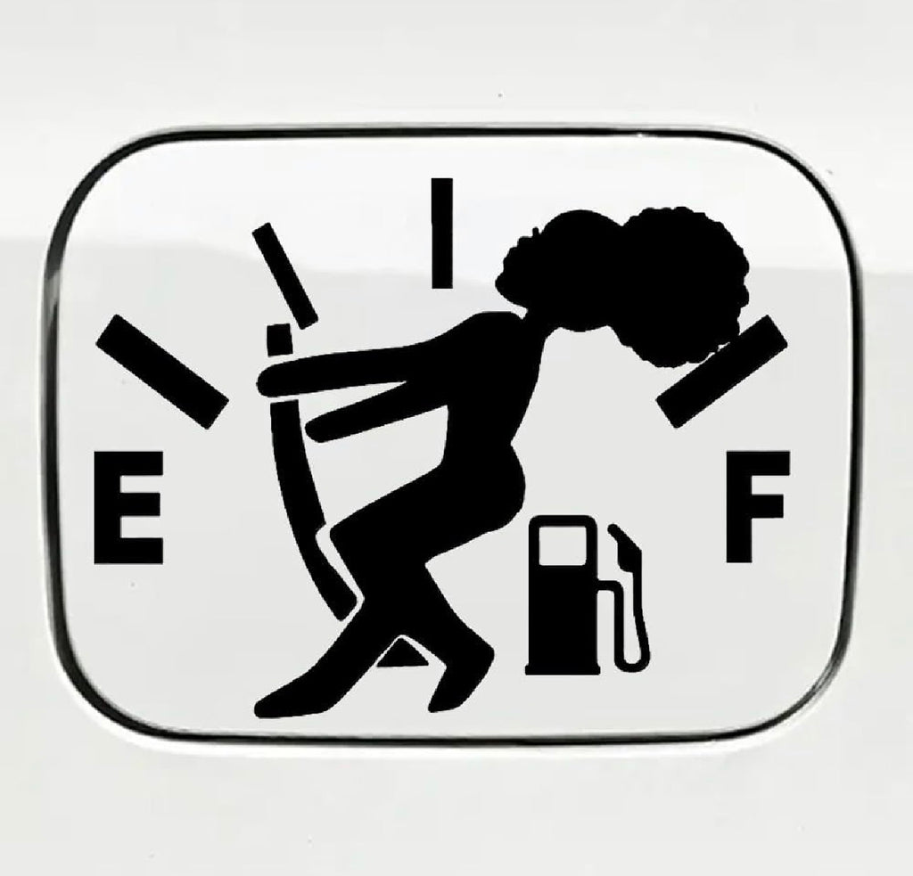 A black and white fuel gauge decal sticker featuring a silhouette of a person pumping gas, with the letters E and F on a white background.