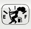 A black and white fuel gauge decal sticker featuring a silhouette of a person pumping gas, with the letters E and F on a white background.