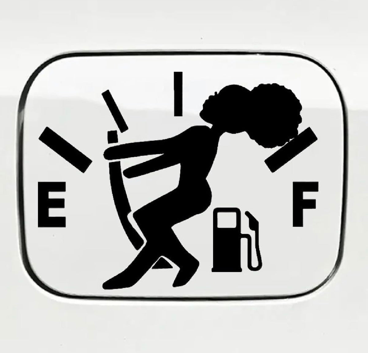 A black and white fuel gauge decal sticker featuring a silhouette of a person pumping gas, with the letters E and F on a white background.