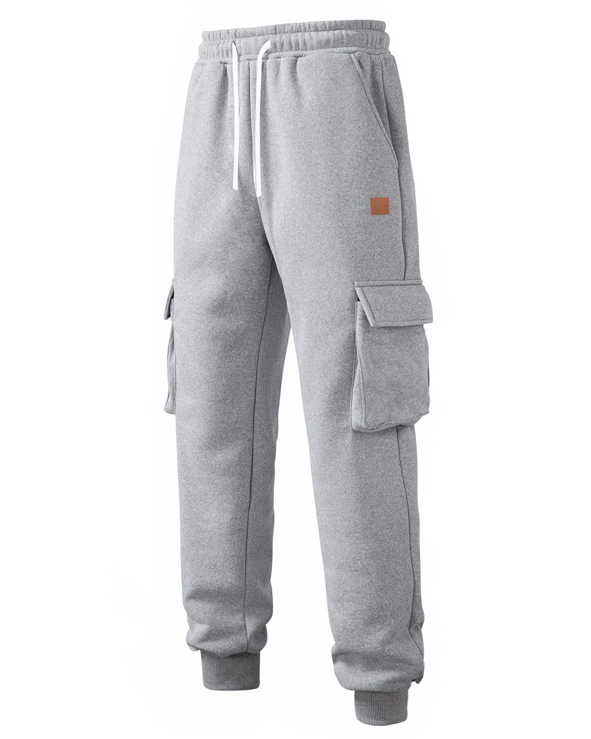 Light gray heather cargo sweatpants with a white drawstring, side cargo pockets, and ribbed ankle cuffs, shown on a plain white background.