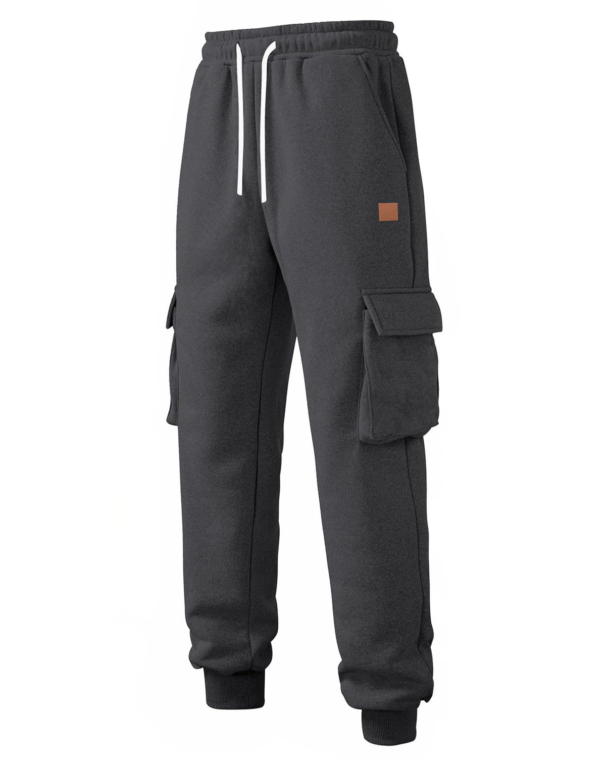 Dark gray cargo jogger sweatpants with a white drawstring, side cargo pockets, and a small brown square patch on the upper thigh, shown against a plain white background.