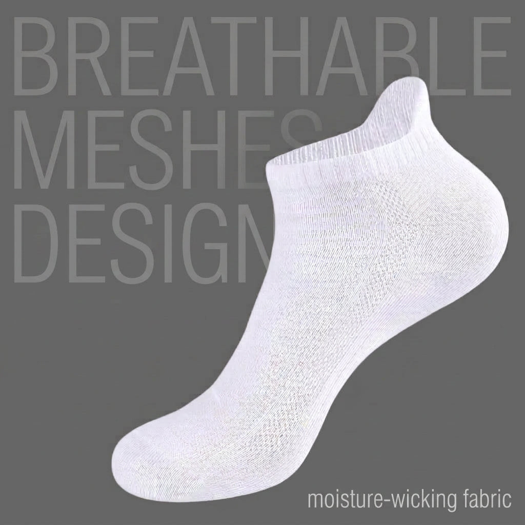 A single white low-cut ankle sock shown on a white background with marketing text reading 'BREATHABLE MESHES DESIGN' and a callout about moisture-wicking fabric and mesh ventilation.