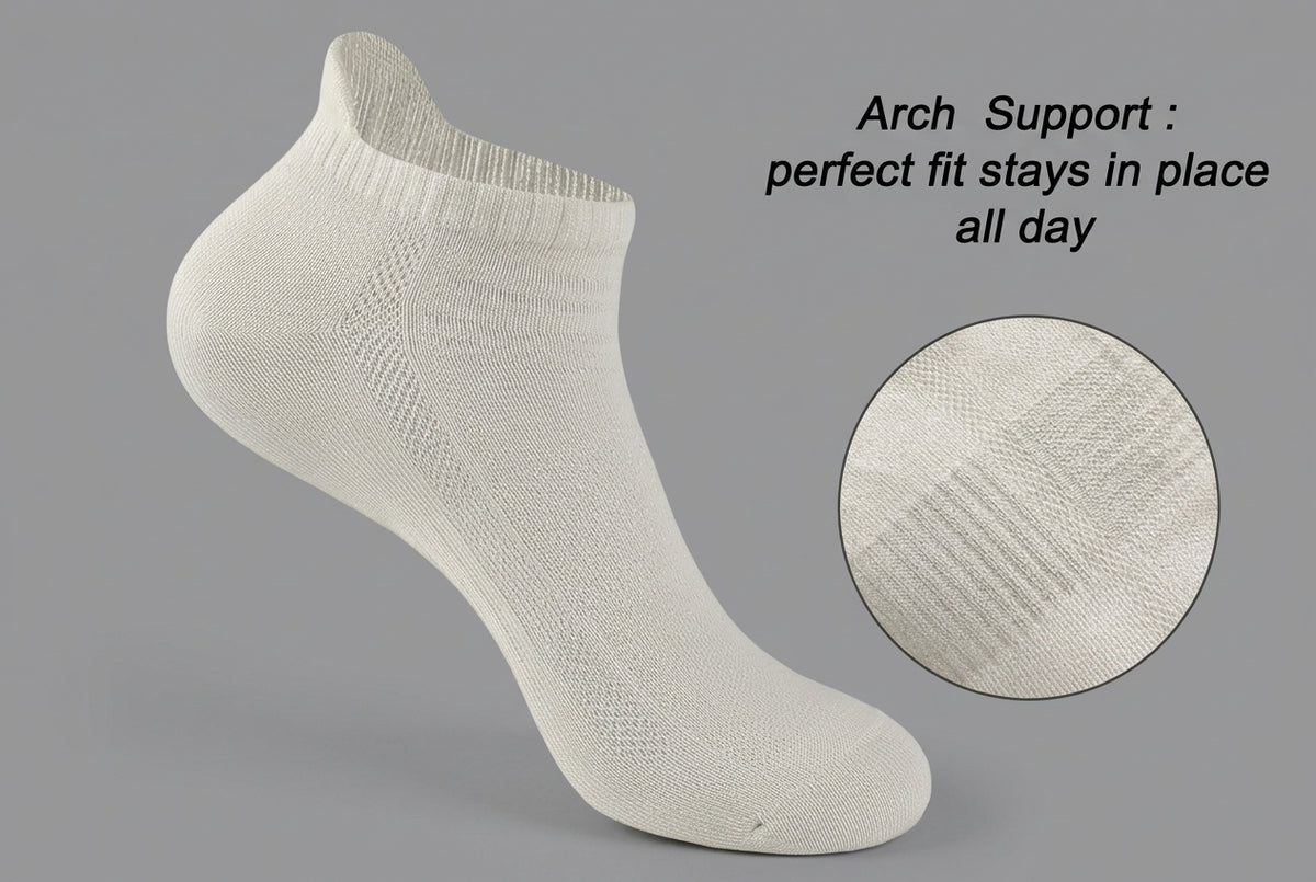 White low-cut ankle support sock shown on a gray background and a circular close-up inset of the ribbed arch support area.