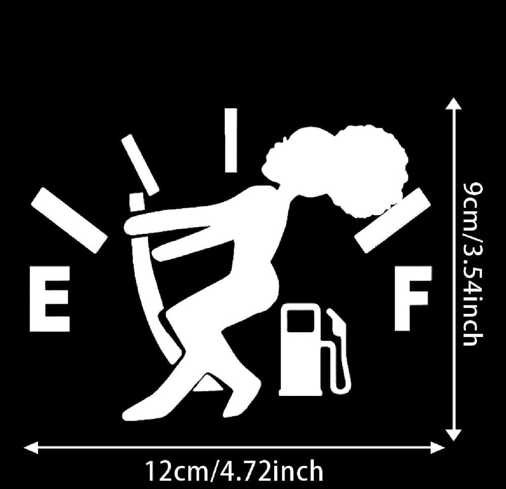White car window decal sticker featuring a silhouette of a person using a bow and arrow, with fuel pump and E/F gauge markings, shown with dimension arrows and text indicating 12cm/4.72inch by 9cm/3.