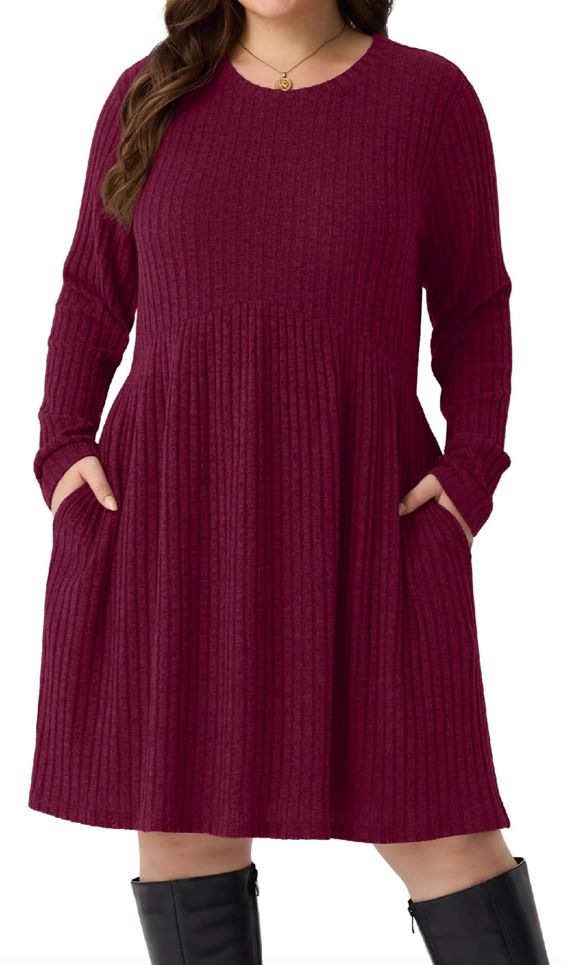 Plus Size Ribbed Knit Sweater Dress with Pockets