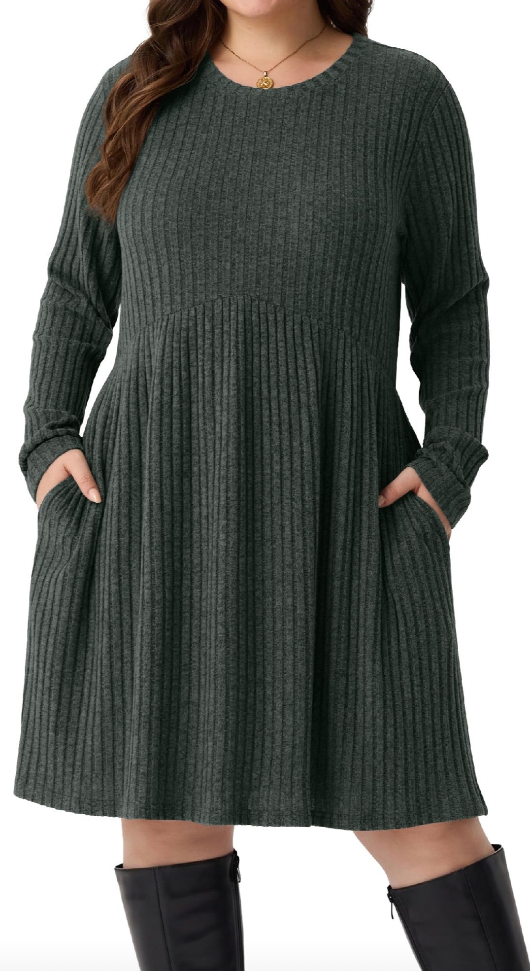 Plus Size Ribbed Knit Sweater Dress with Pockets