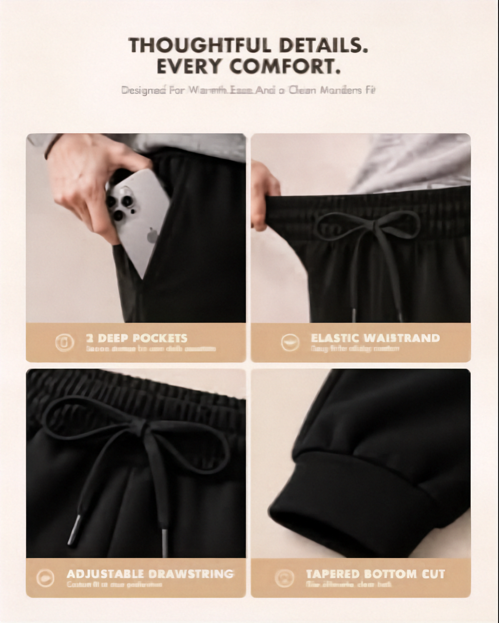 A promotional graphic showing four close-up panels of black drawstring pants with feature callouts: deep pockets, elastic waistband, adjustable drawstring, and tapered bottom cut. Text at the top reads 'THOUGHTFUL DETAILS.