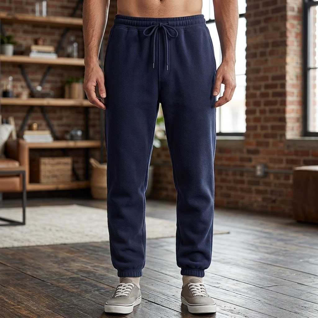 A man wearing navy blue jogger sweatpants with a drawstring waist and elastic cuffs, standing in a rustic indoor room with brick walls and wood floors.