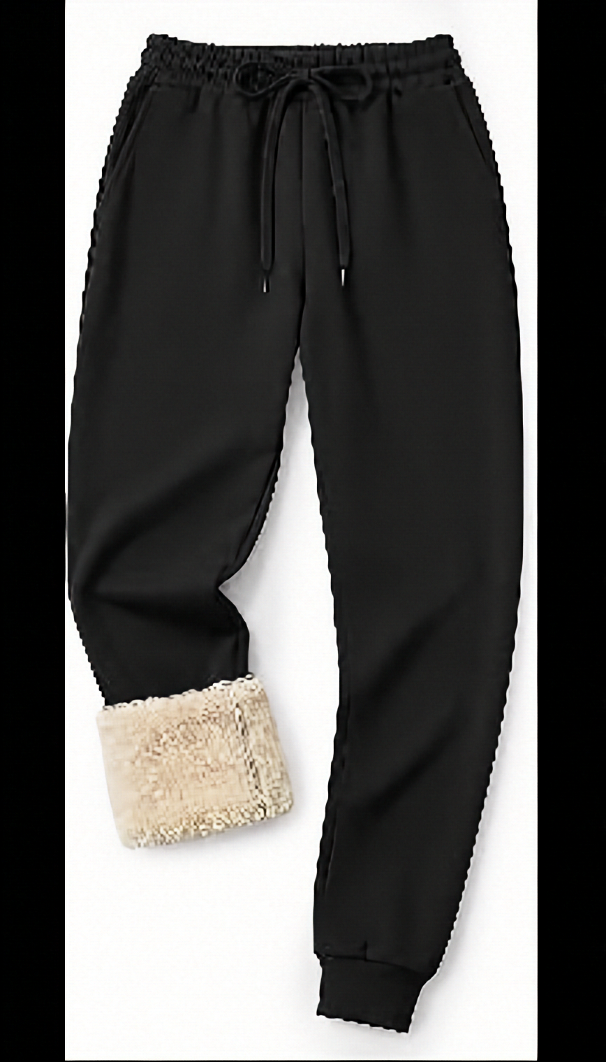 Black jogger-style pants with a beige sherpa lining visible at the hem, shown against a white background.
