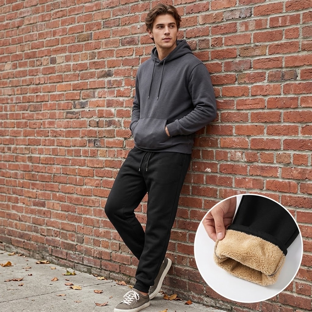 A man leans against a red brick wall wearing a dark gray pullover hoodie and black sweatpants, with a circular inset showing a close-up of the black fleece-lined cuffs of the pants.