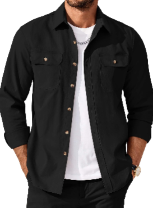 A man wearing a navy long-sleeve button-up shirt with two chest pockets and gold-tone buttons, layered over a white t-shirt.