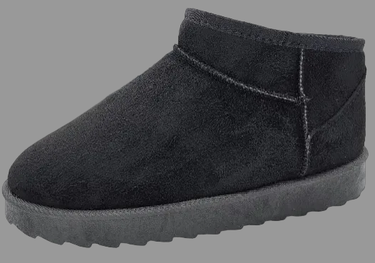 A single black suede ankle boot with a thick black sole, shown from a side profile on a white background.