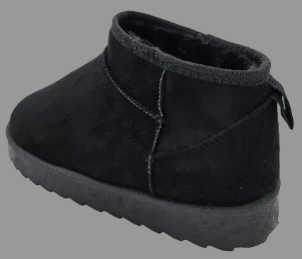 A single black suede ankle boot with a soft black faux-fur lining visible at the opening