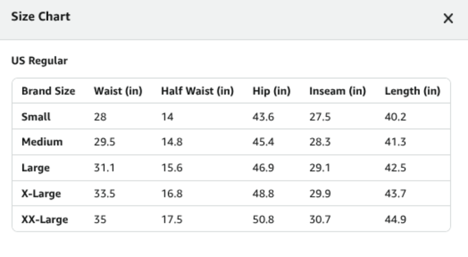 Sizing chart