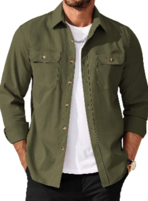 A man wearing an army green long-sleeve button-up shirt over a white t-shirt and black pants, shown from the chin down against a plain white background.