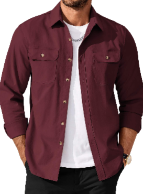 Men’s Long Sleeve Button-Up Shirt Jacket with Flap Pockets