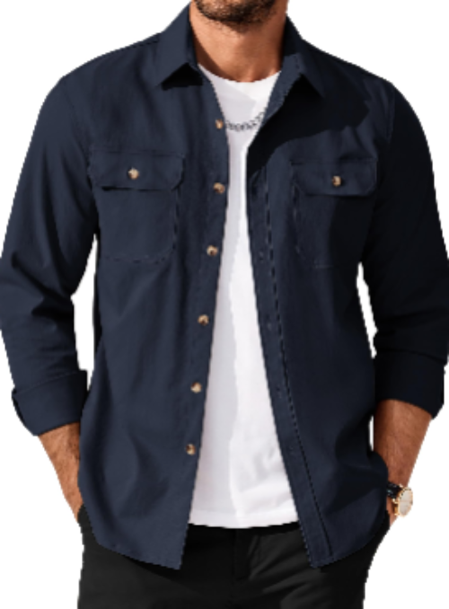Men’s Long Sleeve Button-Up Shirt Jacket with Flap Pockets