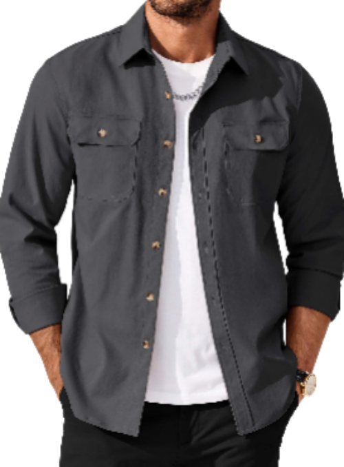 A man wearing a navy blue long-sleeve button-up shirt over a white t-shirt, shown from the chin down against a plain white background.