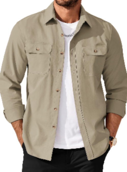 Men’s Long Sleeve Button-Up Shirt Jacket with Flap Pockets