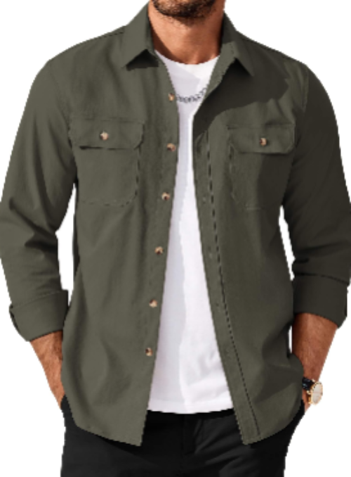 A man wearing an olive green long-sleeve button-up shirt over a white t-shirt and black pants, shown from the chin down against a plain white background.