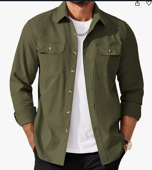 An olive green long-sleeve button-up shirt worn by a model over a white t-shirt and black pants, shown from the neck down against a plain white background.