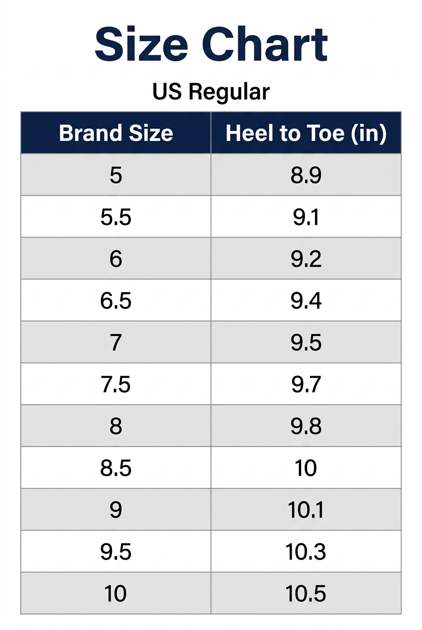 A size chart table labeled 'Size Chart' and 'US Regular' showing brand sizes 5 through 10 with heel-to-toe measurements in inches.