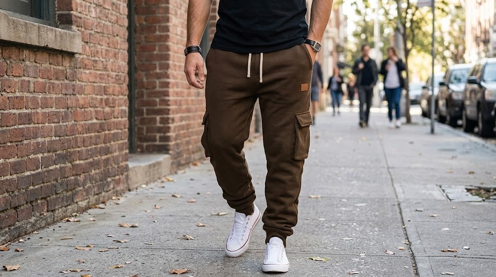 A man walking on a city sidewalk wearing brown cargo jogger sweatpants, a black t-shirt, and white sneakers. The background shows a brick building, parked cars, and blurred pedestrians.