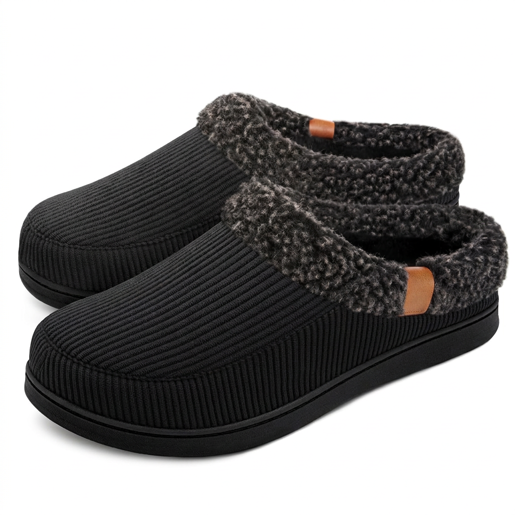 Fleece-lined black slippers