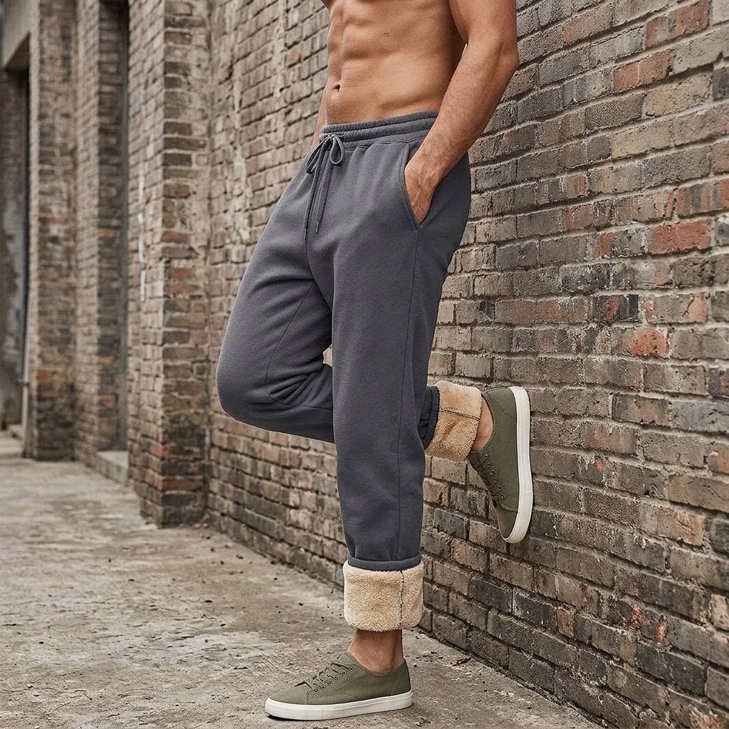 A man wearing dark gray fleece jogger sweatpants with a beige sherpa lining at the cuffs, posing against a rustic brick wall.