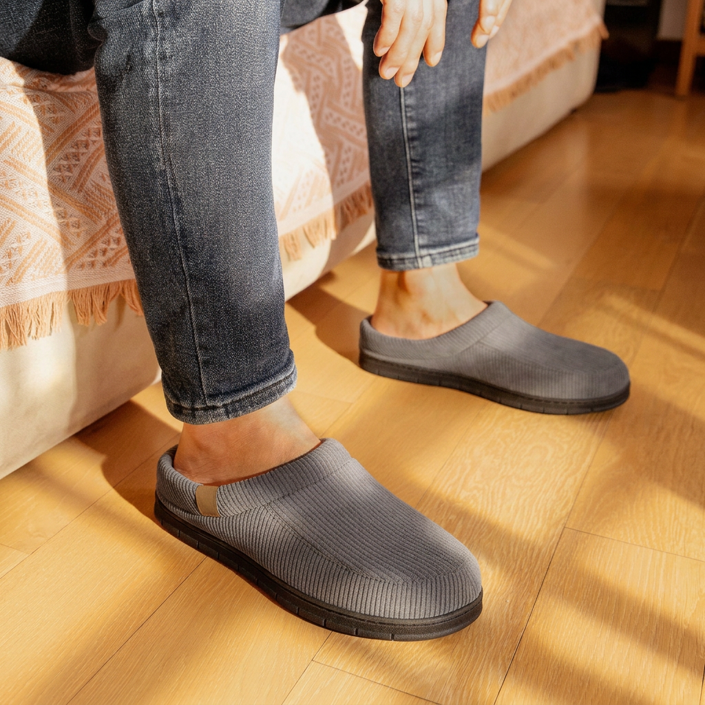 Gray slippers being worn