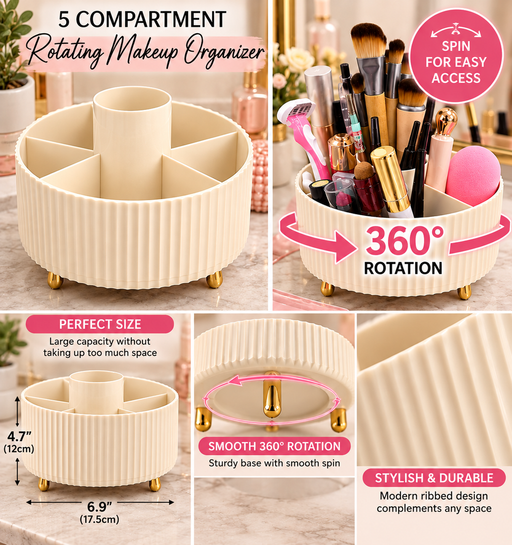 A 5-compartment rotating makeup organizer shown in a collage with product features, dimensions, and close-up views. The organizer has a ribbed cream base with small gold feet and is shown holding makeup brushes, pink cosmetics, and a pink sponge.