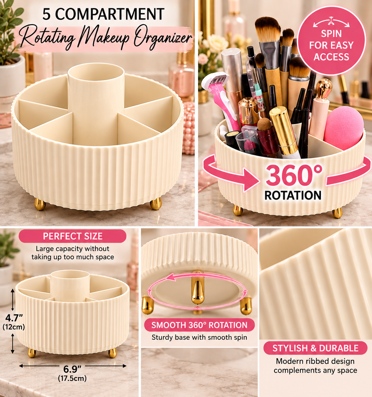 A 5-compartment rotating makeup organizer shown in a collage with product features, dimensions, and close-up views. The organizer has a ribbed cream base with small gold feet and is shown holding makeup brushes, pink cosmetics, and a pink sponge.